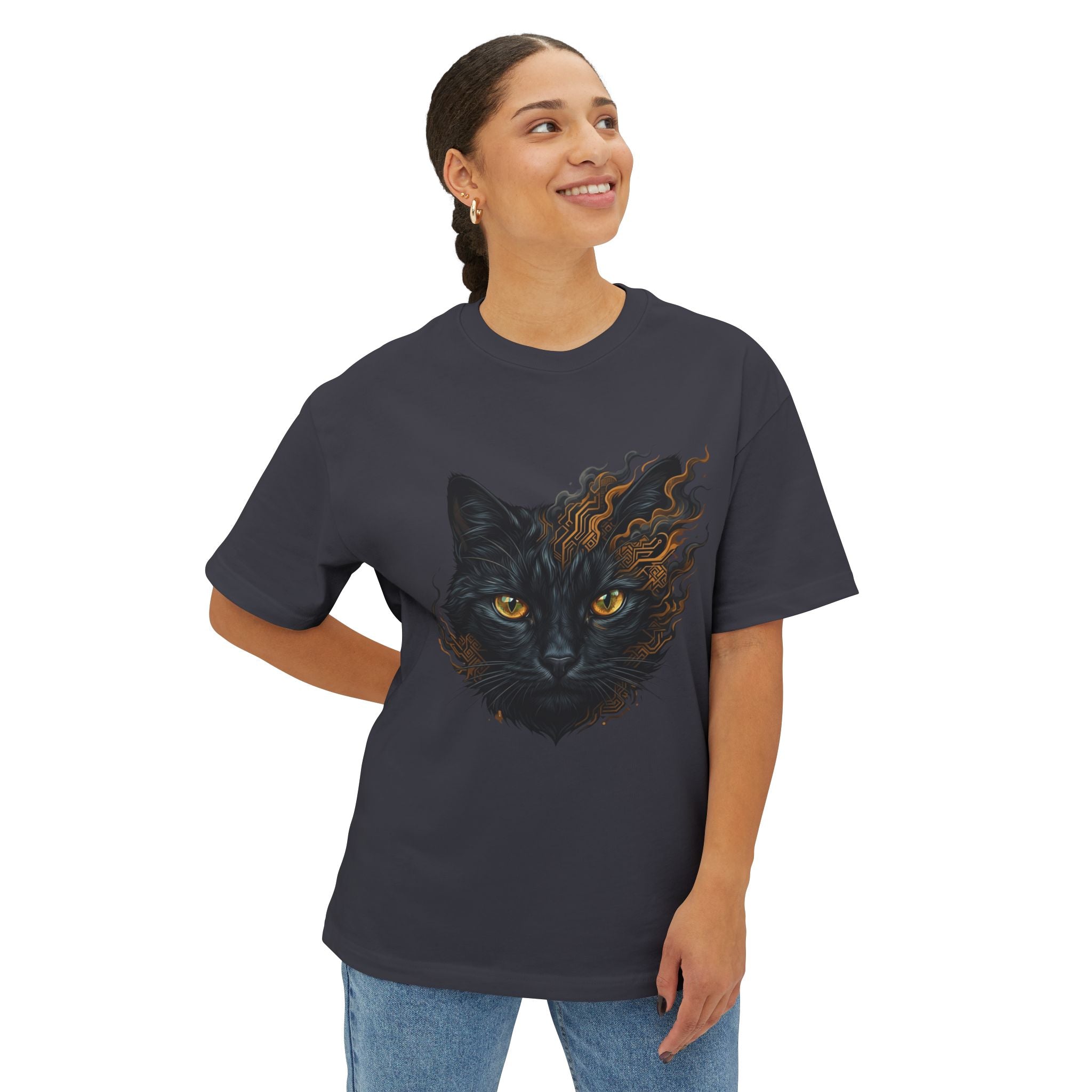 Oversized Black Cat Tee — Dark Feminine Aesthetic