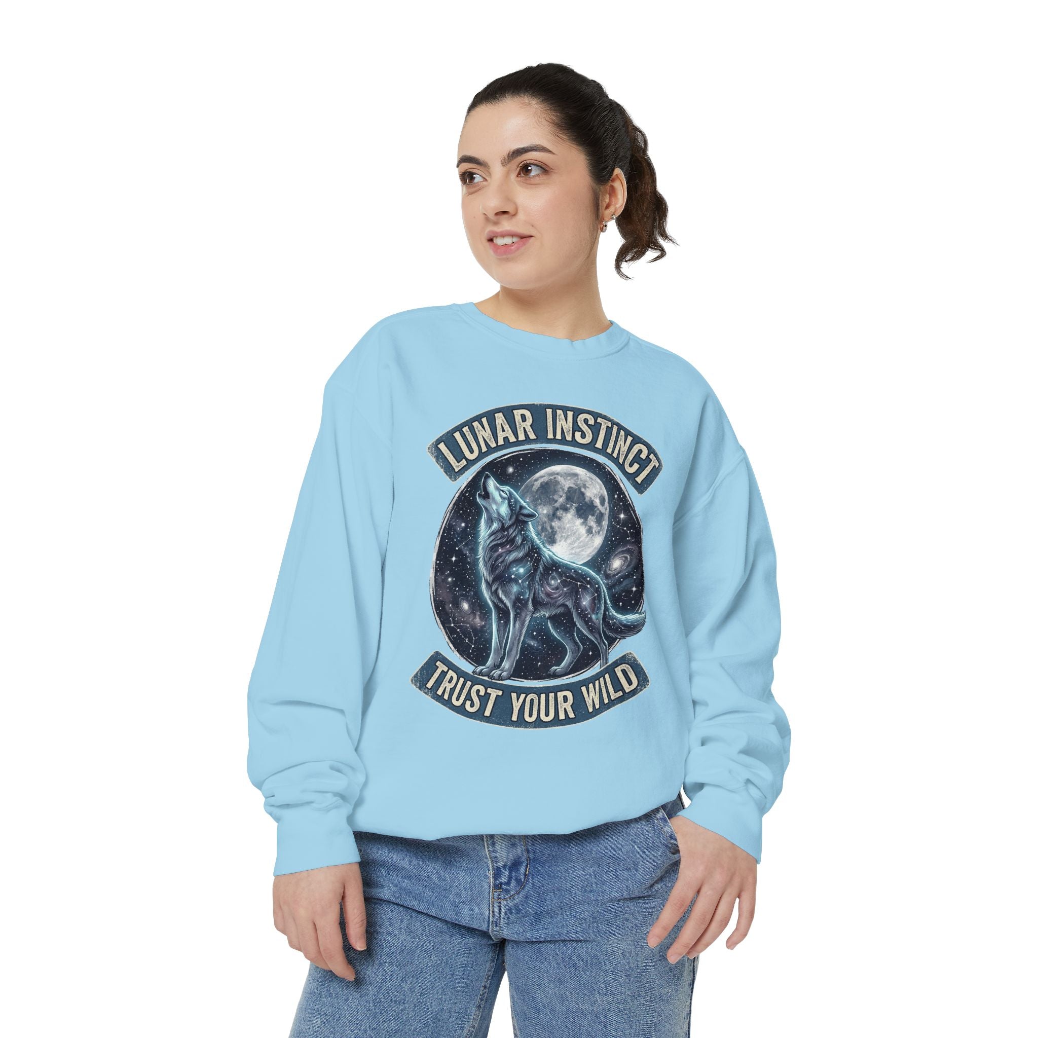 Lunar Instinct Wolf Sweatshirt — "Trust Your Wild" Moon Wolf Crewneck