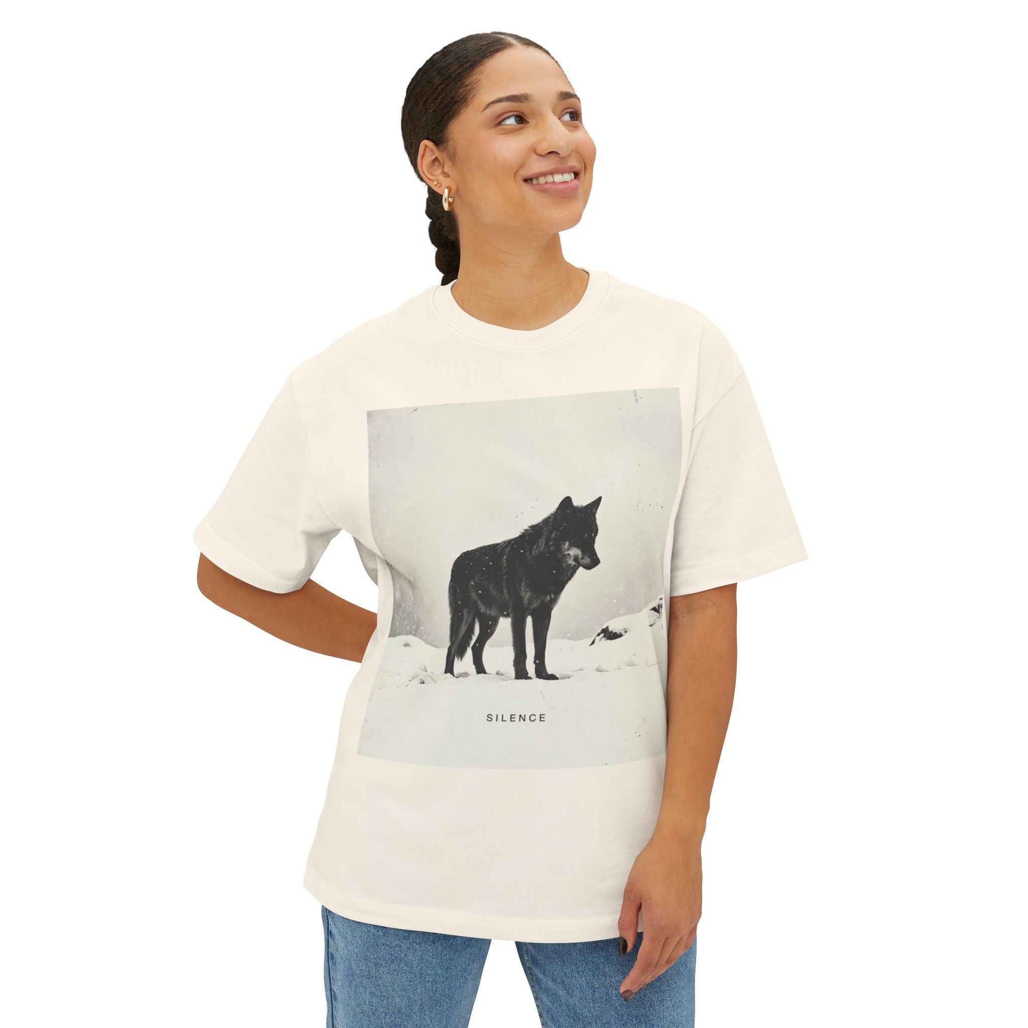 Silence” Minimal Wolf Graphic Tee – Oversized Boxy Natural Aesthetic T-Shirt