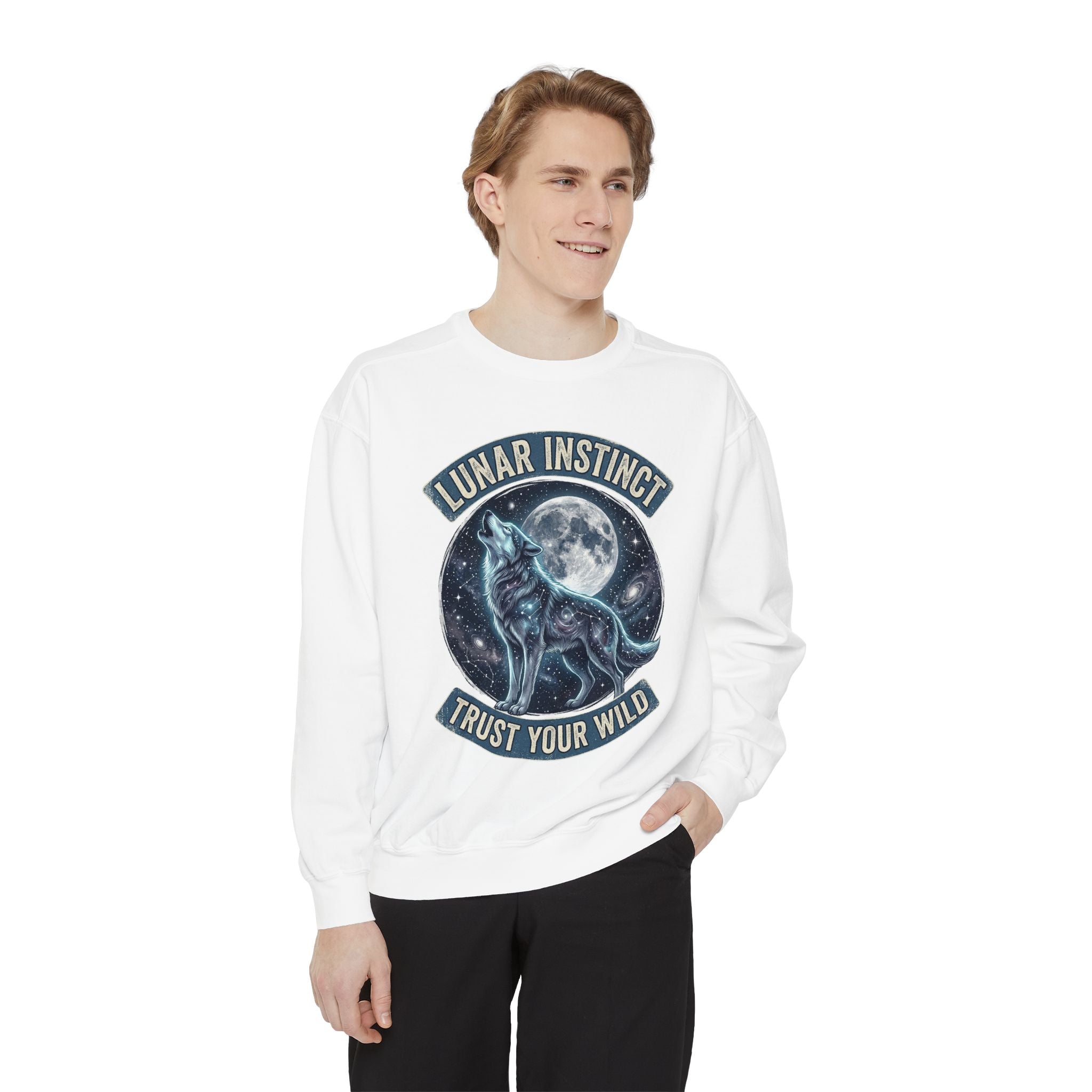 Lunar Instinct Wolf Sweatshirt — "Trust Your Wild" Moon Wolf Crewneck