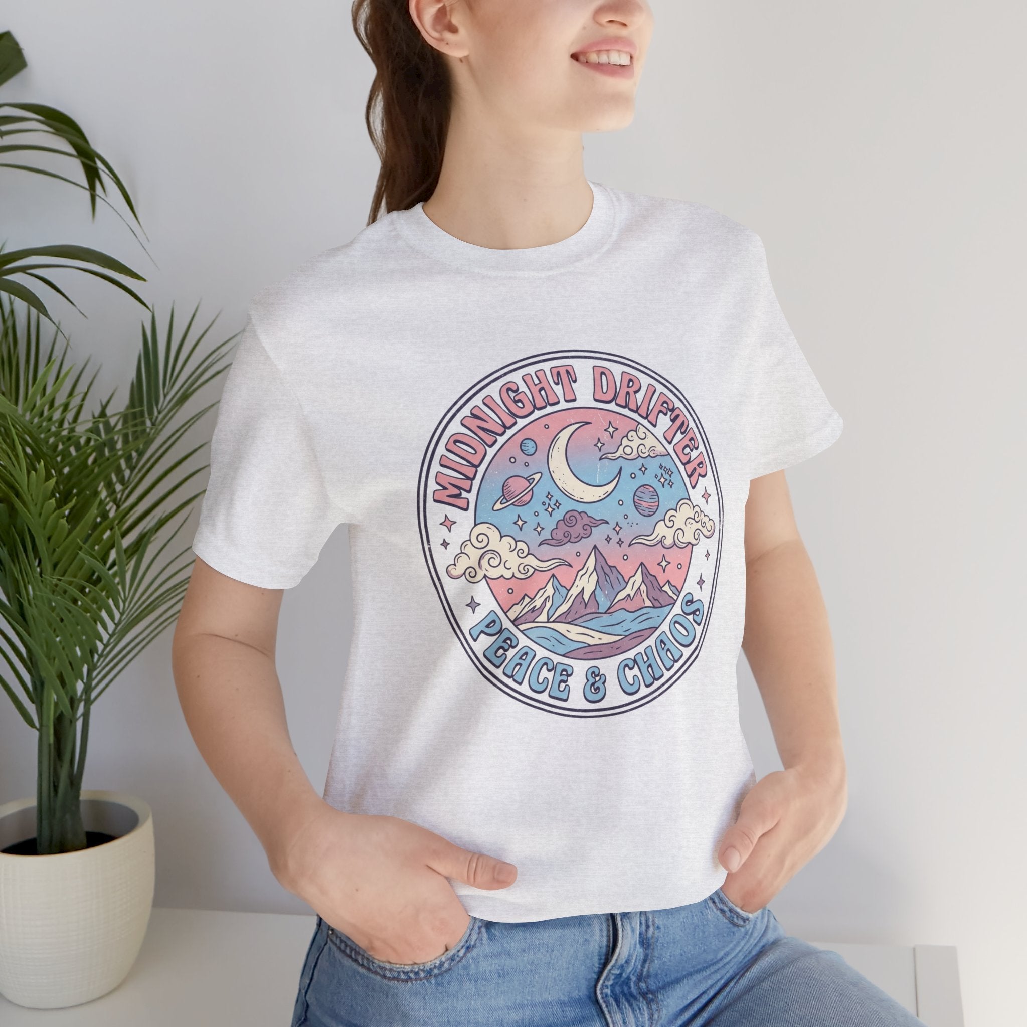 Midnight Drifter Tee — 'Peace & Chaos' Retro Moon & Mountain Graphic T-Shirt