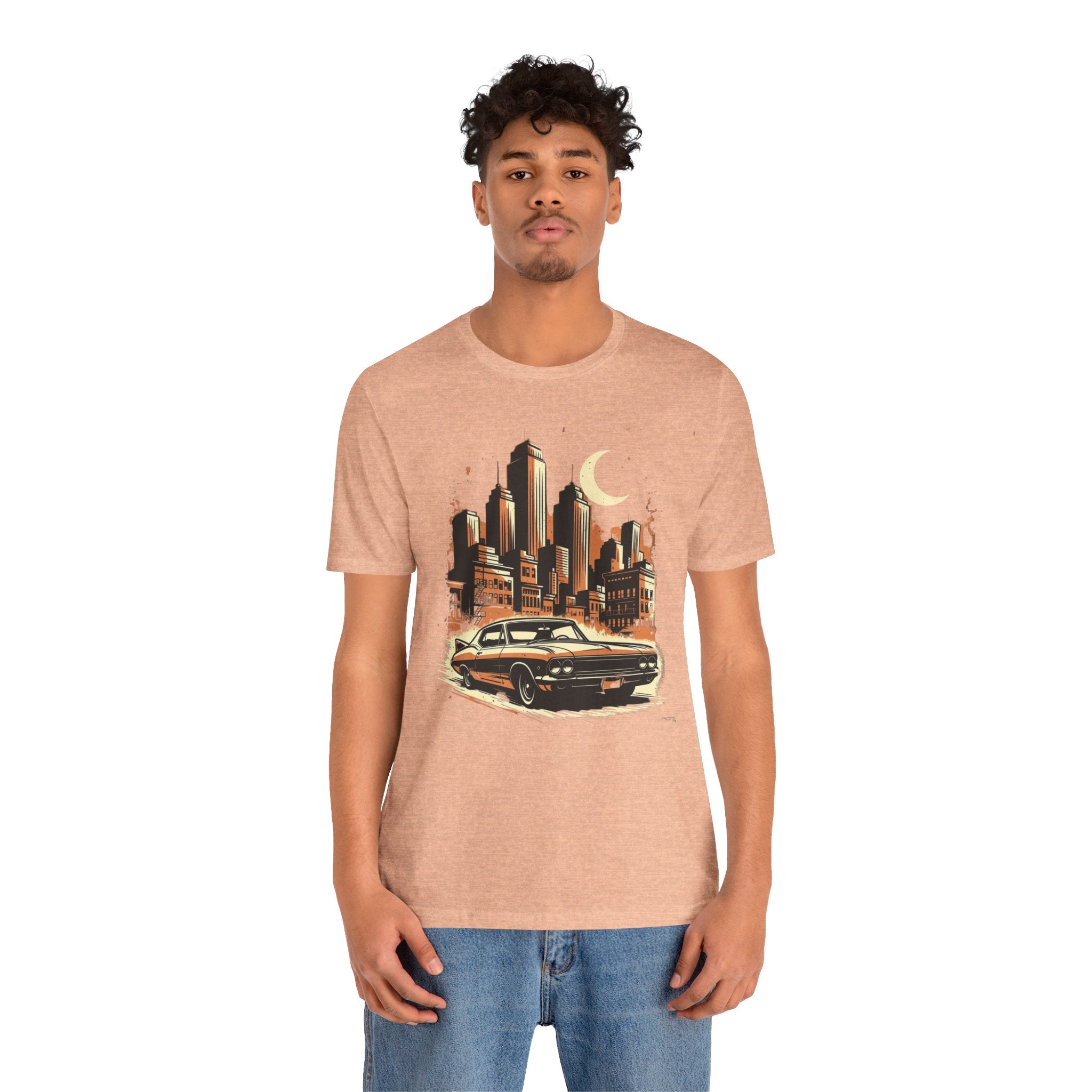 Vintage Muscle Car T-Shirt — Retro City Skyline Graphic Tee for Classic Car Lovers