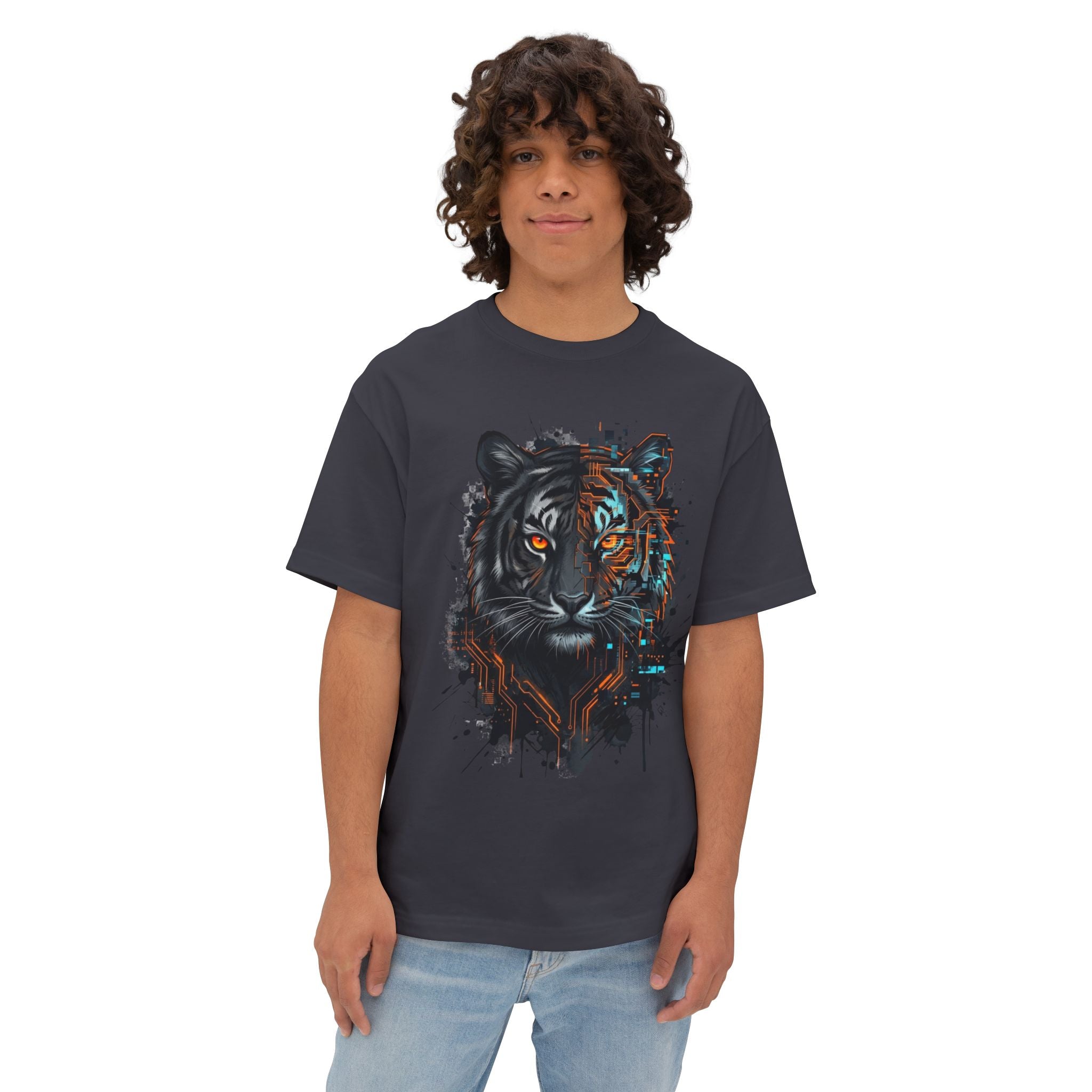 Cyberpunk Split Tiger Oversized T-Shirt — Primal Circuit Graphic Tee