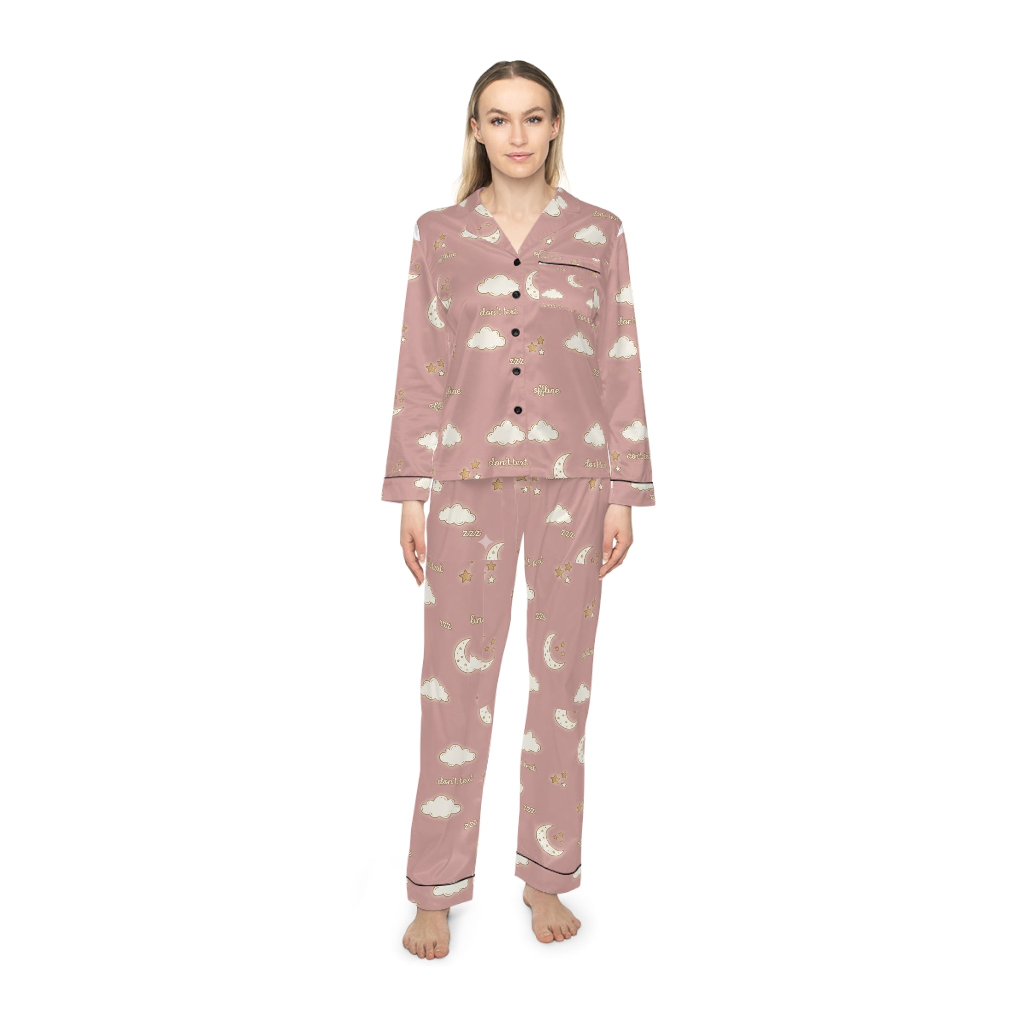 Dreamscape Satin Pajama Set — Blush Moon & Cloud Print Women's Pajamas