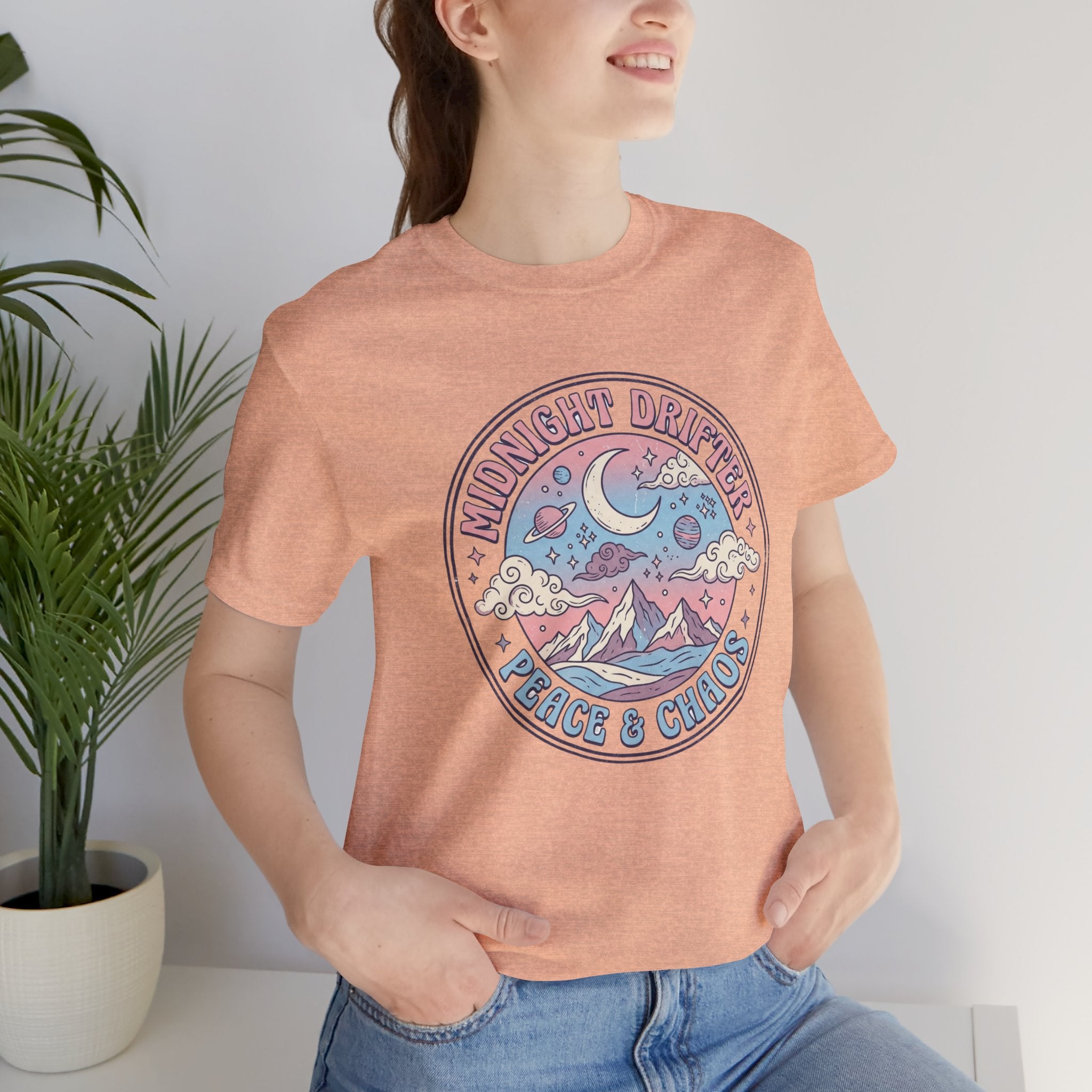 Midnight Drifter Tee — 'Peace & Chaos' Retro Moon & Mountain Graphic T-Shirt