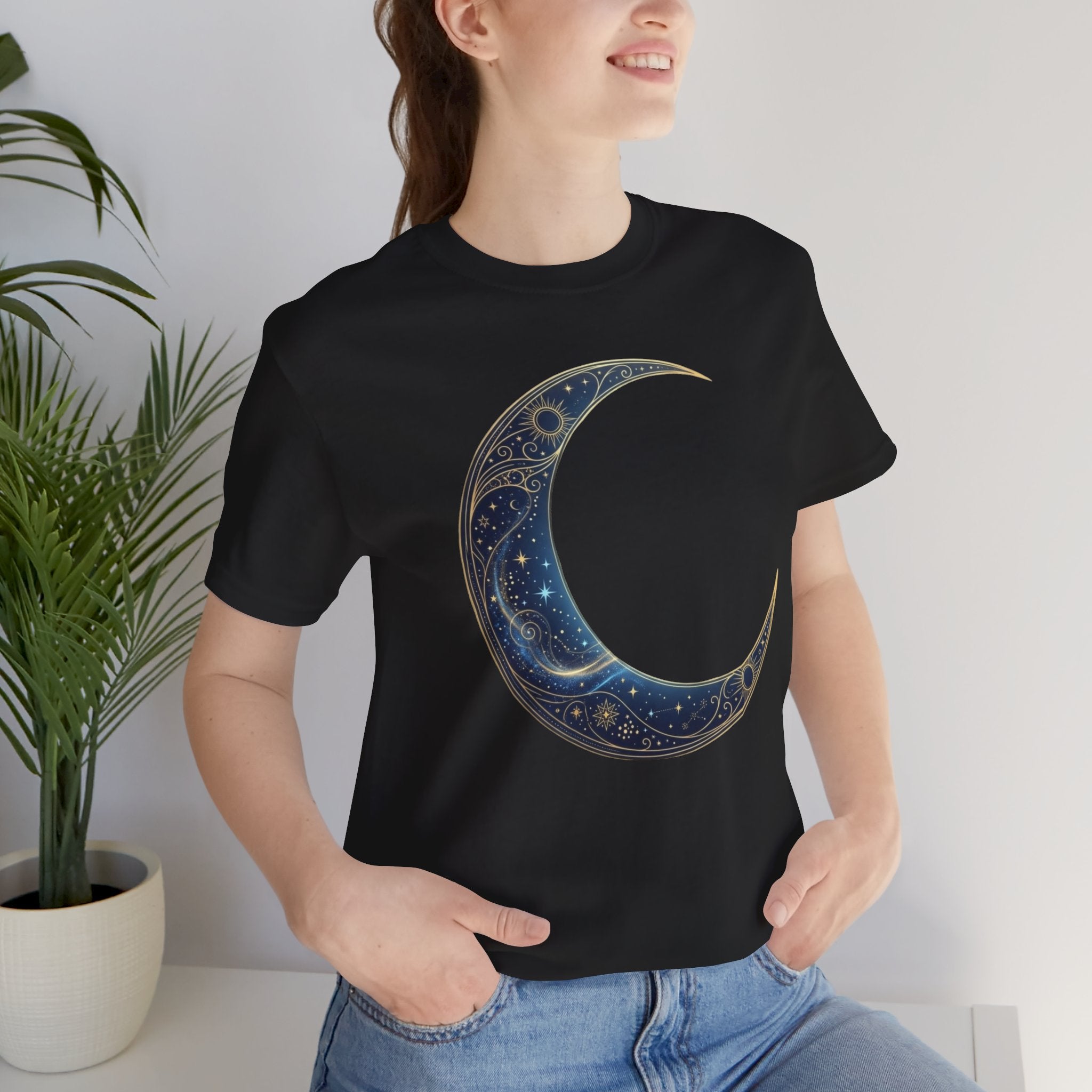 Crescent Moon Floral Tee — Celestial Night Sky Graphic T-Shirt