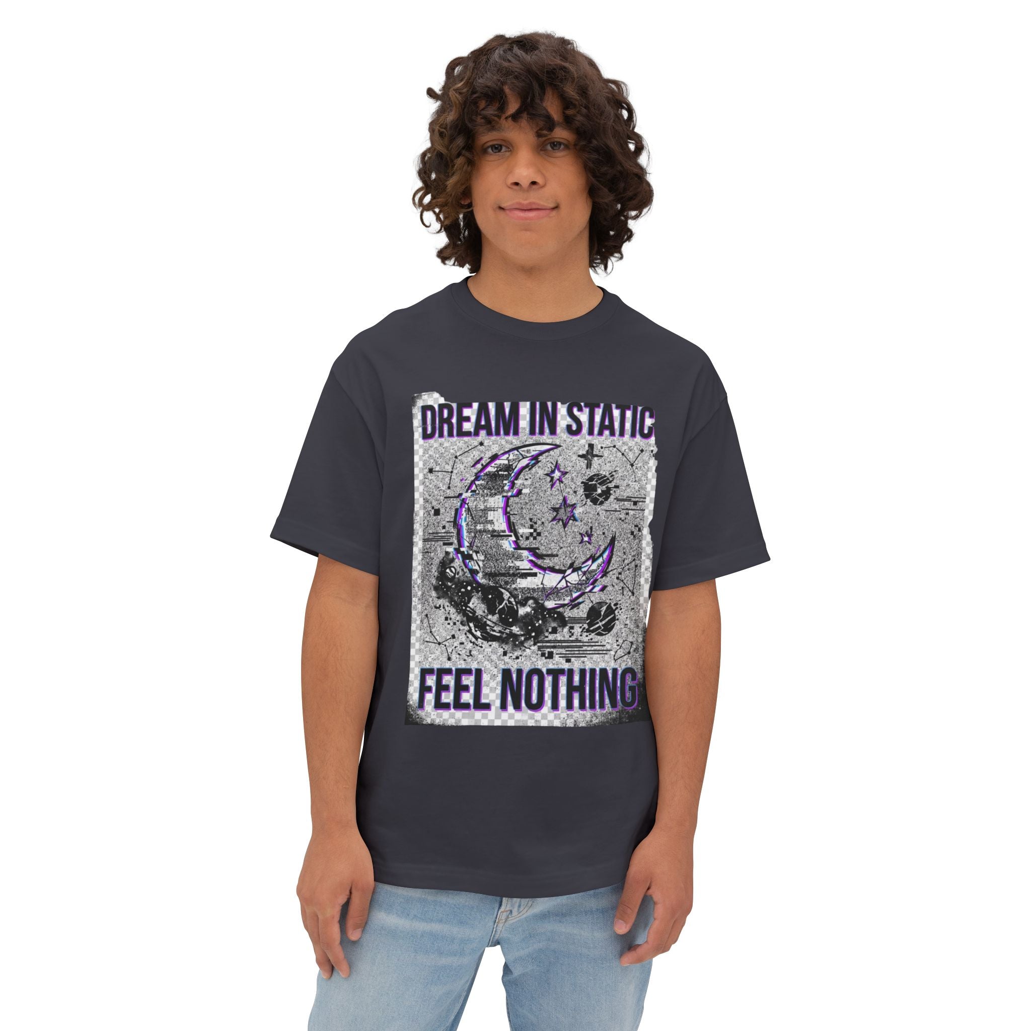 Dream in Static — Dark Aesthetic Graphic Tee (Grunge Moon, "Feel Nothing")