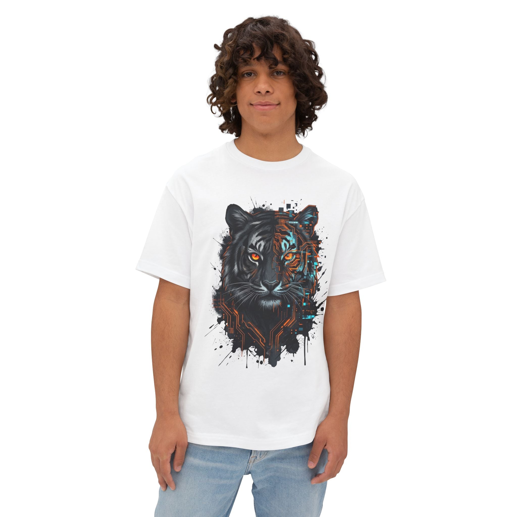 Cyberpunk Split Tiger Oversized T-Shirt — Primal Circuit Graphic Tee