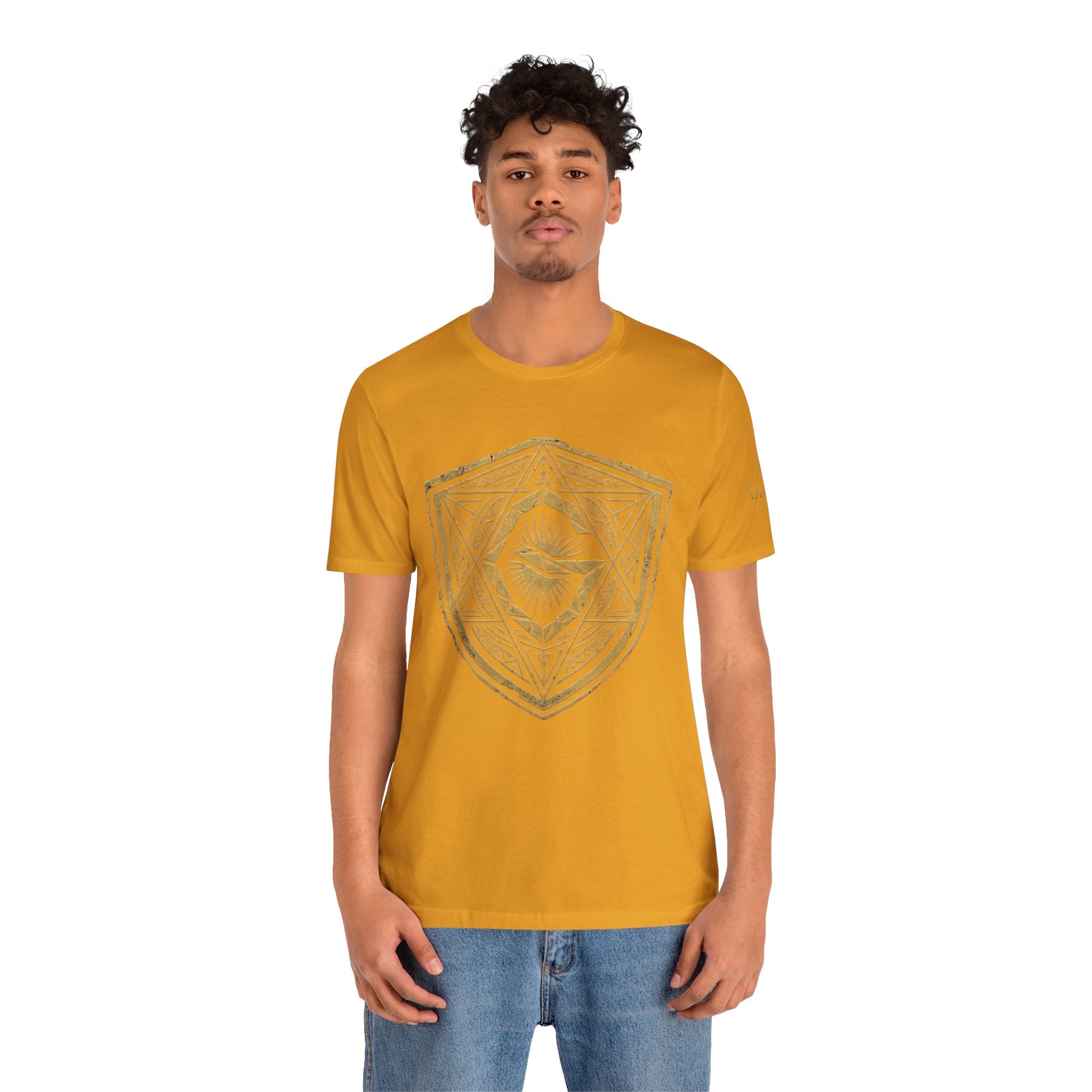 Mystic Golden Sigil Shield T-Shirt — Geometric Power Symbol Tee