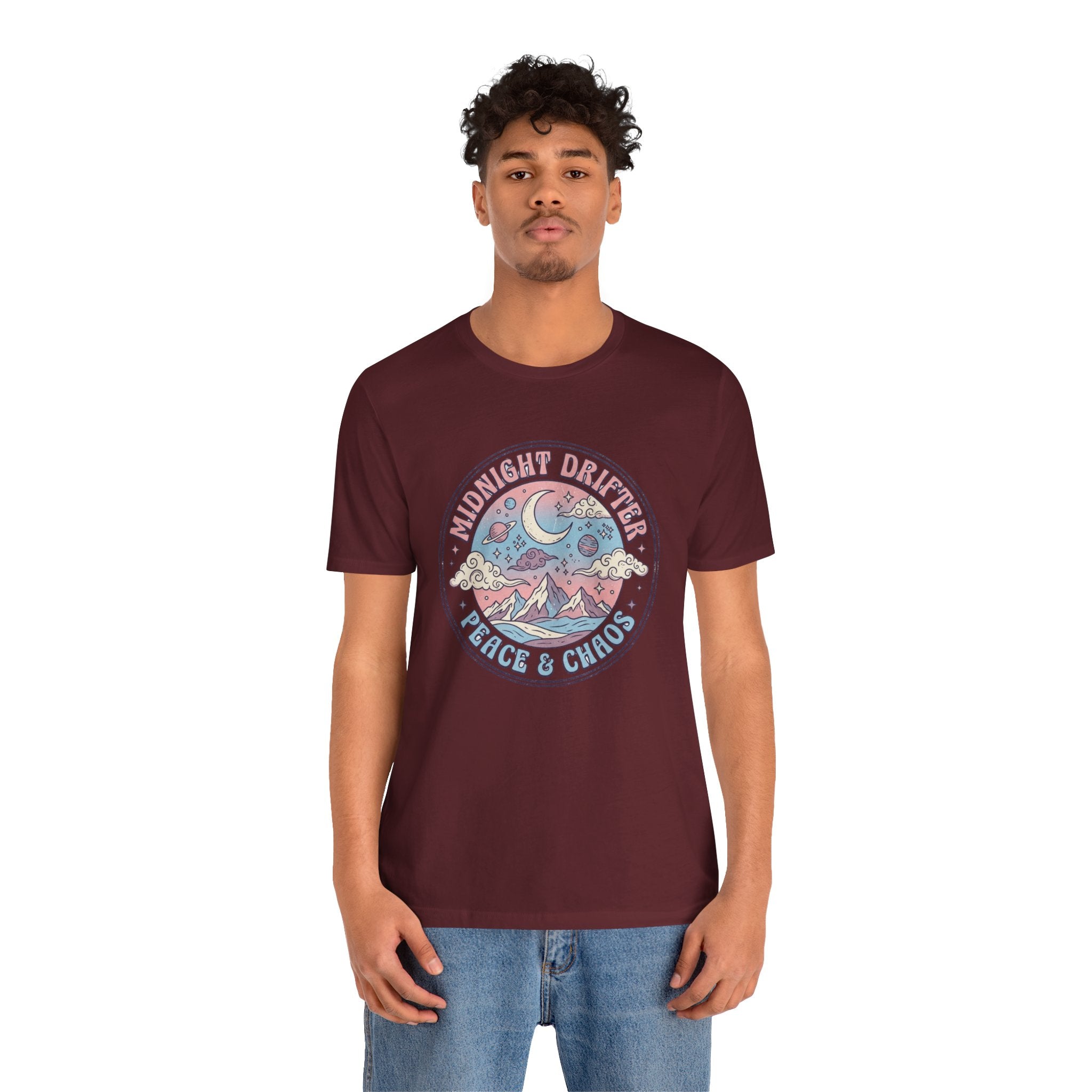 Midnight Drifter Tee — 'Peace & Chaos' Retro Moon & Mountain Graphic T-Shirt