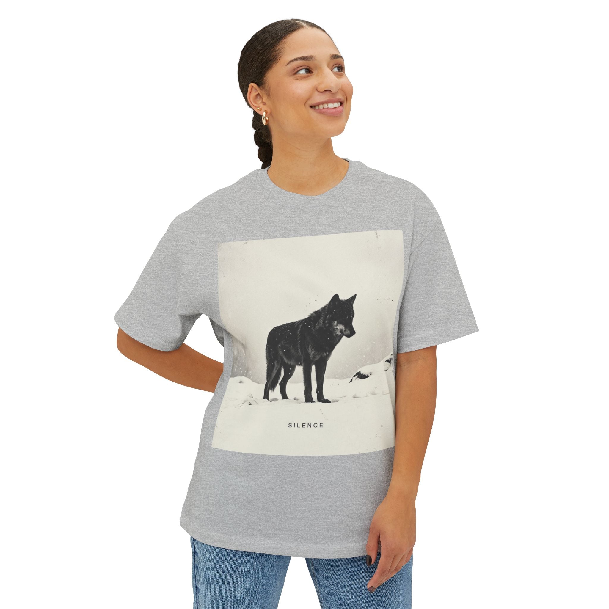 Silence” Minimal Wolf Graphic Tee – Oversized Boxy Natural Aesthetic T-Shirt