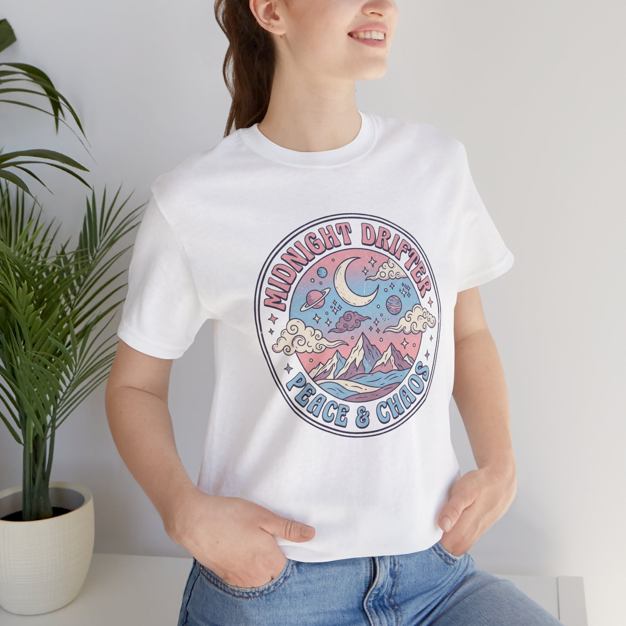 Midnight Drifter Tee — 'Peace & Chaos' Retro Moon & Mountain Graphic T-Shirt