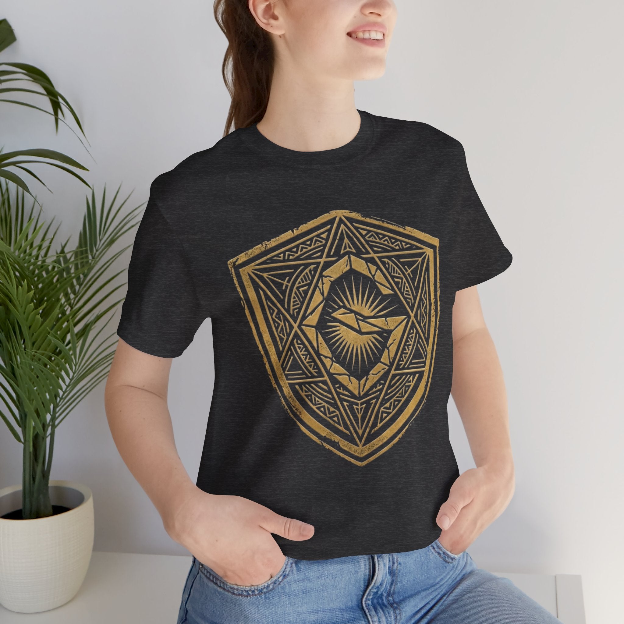 Mystic Golden Sigil Shield T-Shirt — Geometric Power Symbol Tee