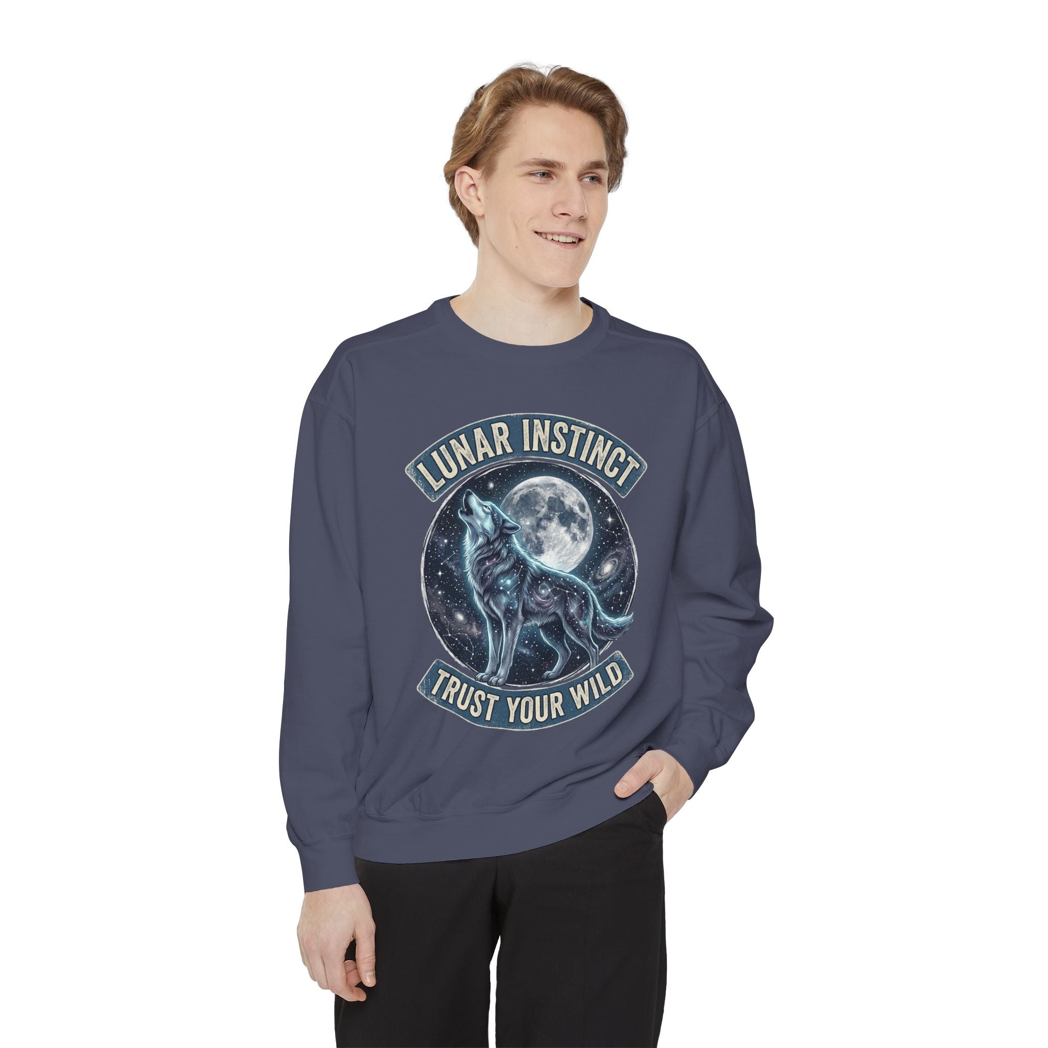 Lunar Instinct Wolf Sweatshirt — "Trust Your Wild" Moon Wolf Crewneck