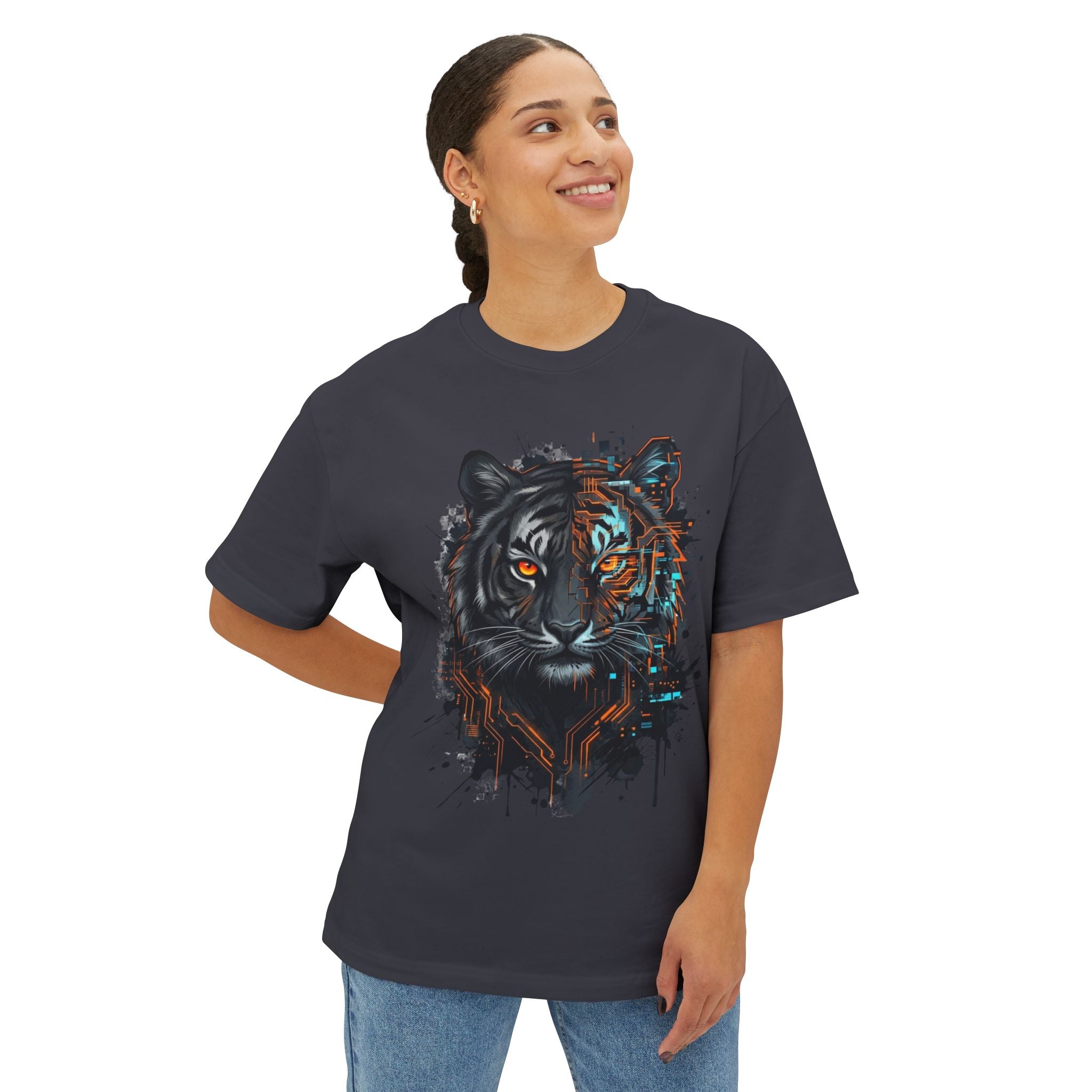 Cyberpunk Split Tiger Oversized T-Shirt — Primal Circuit Graphic Tee