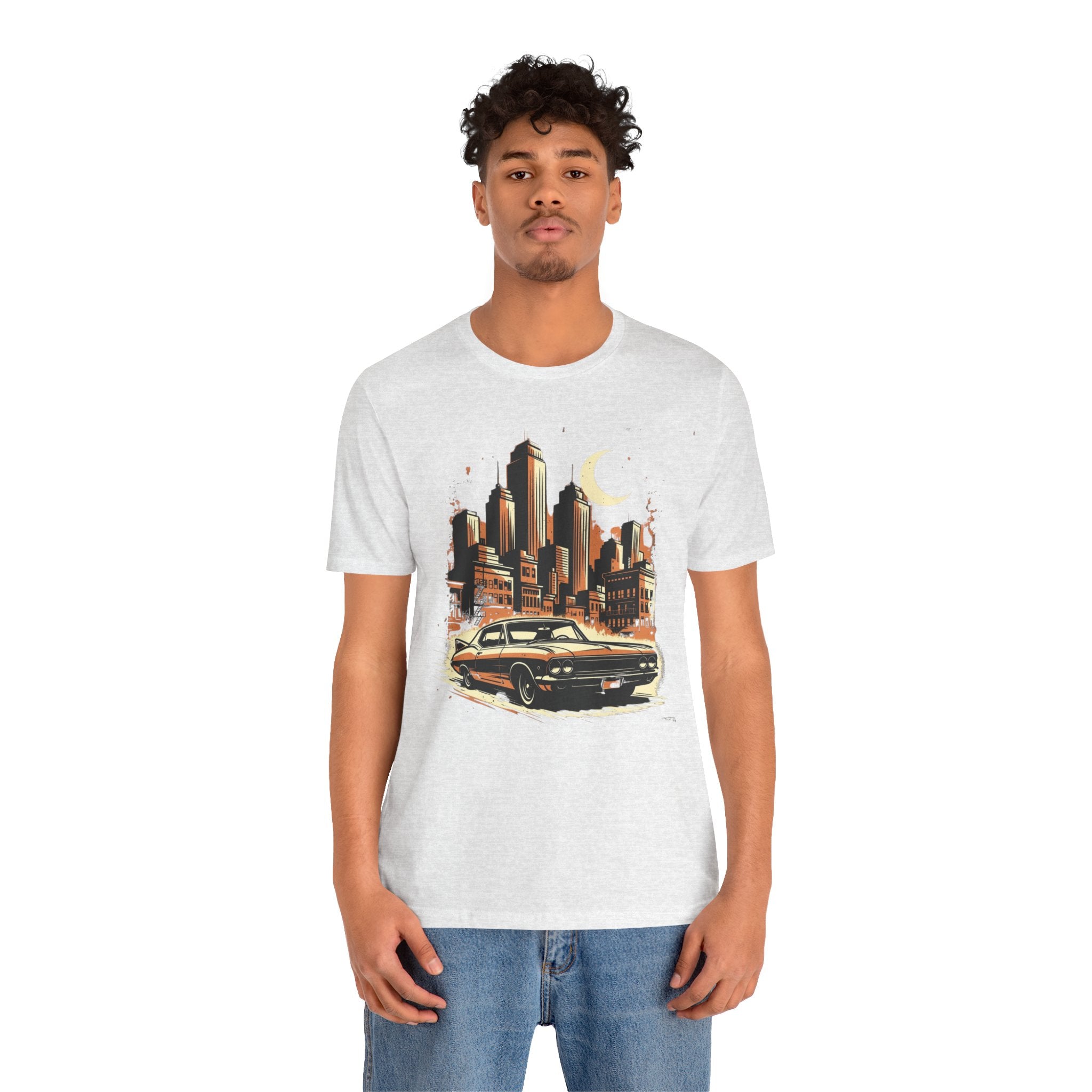 Vintage Muscle Car T-Shirt — Retro City Skyline Graphic Tee for Classic Car Lovers
