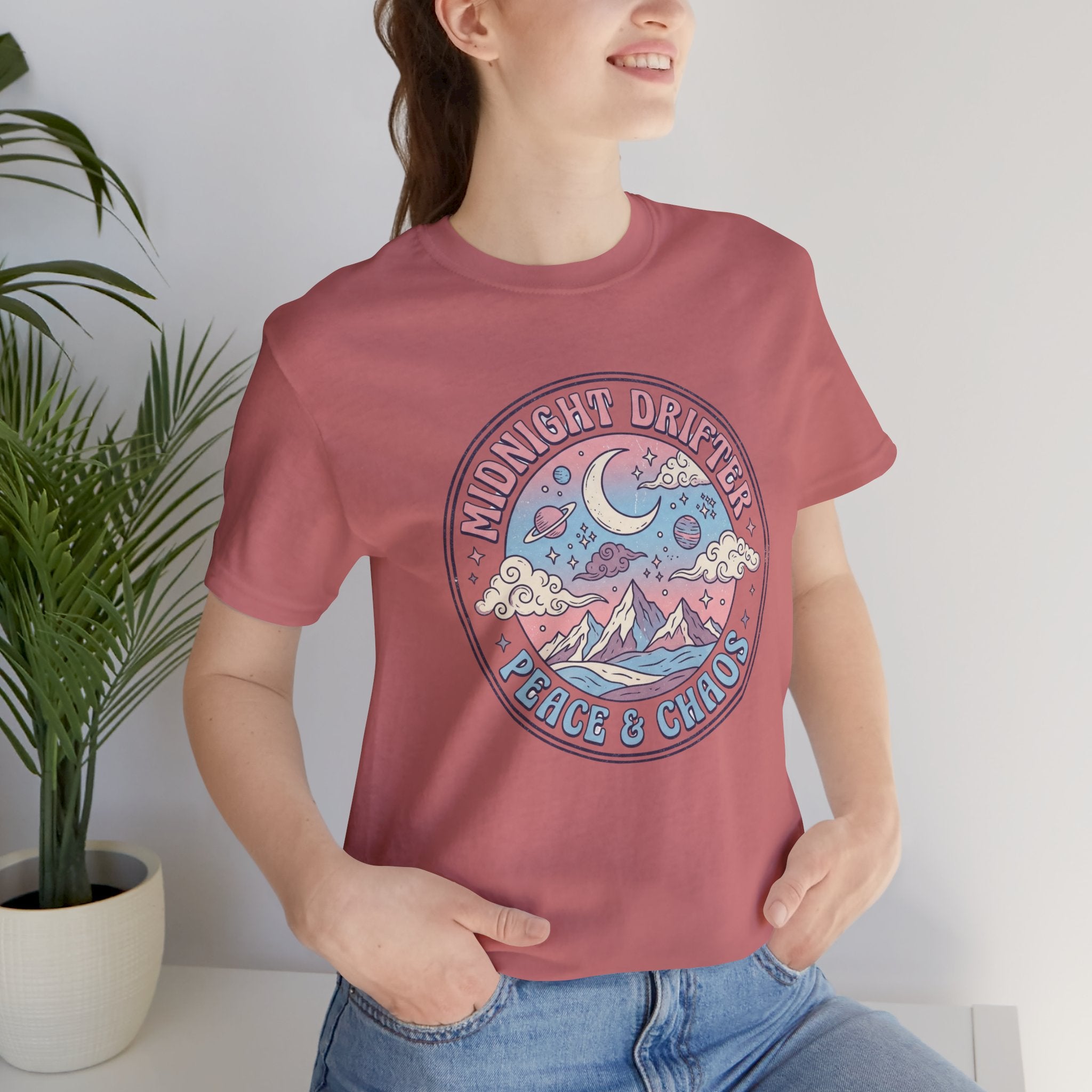 Midnight Drifter Tee — 'Peace & Chaos' Retro Moon & Mountain Graphic T-Shirt
