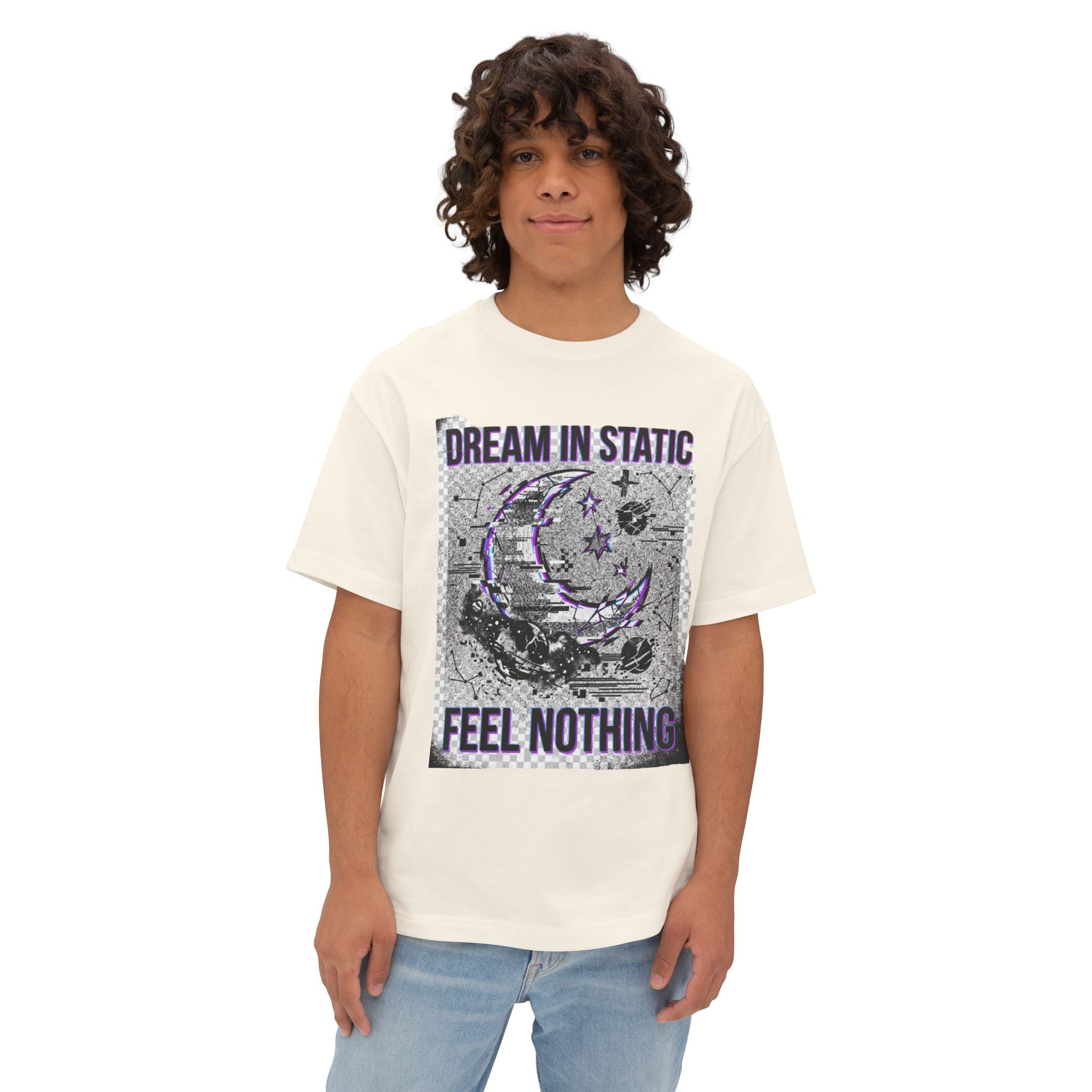 Dream in Static — Dark Aesthetic Graphic Tee (Grunge Moon, "Feel Nothing")