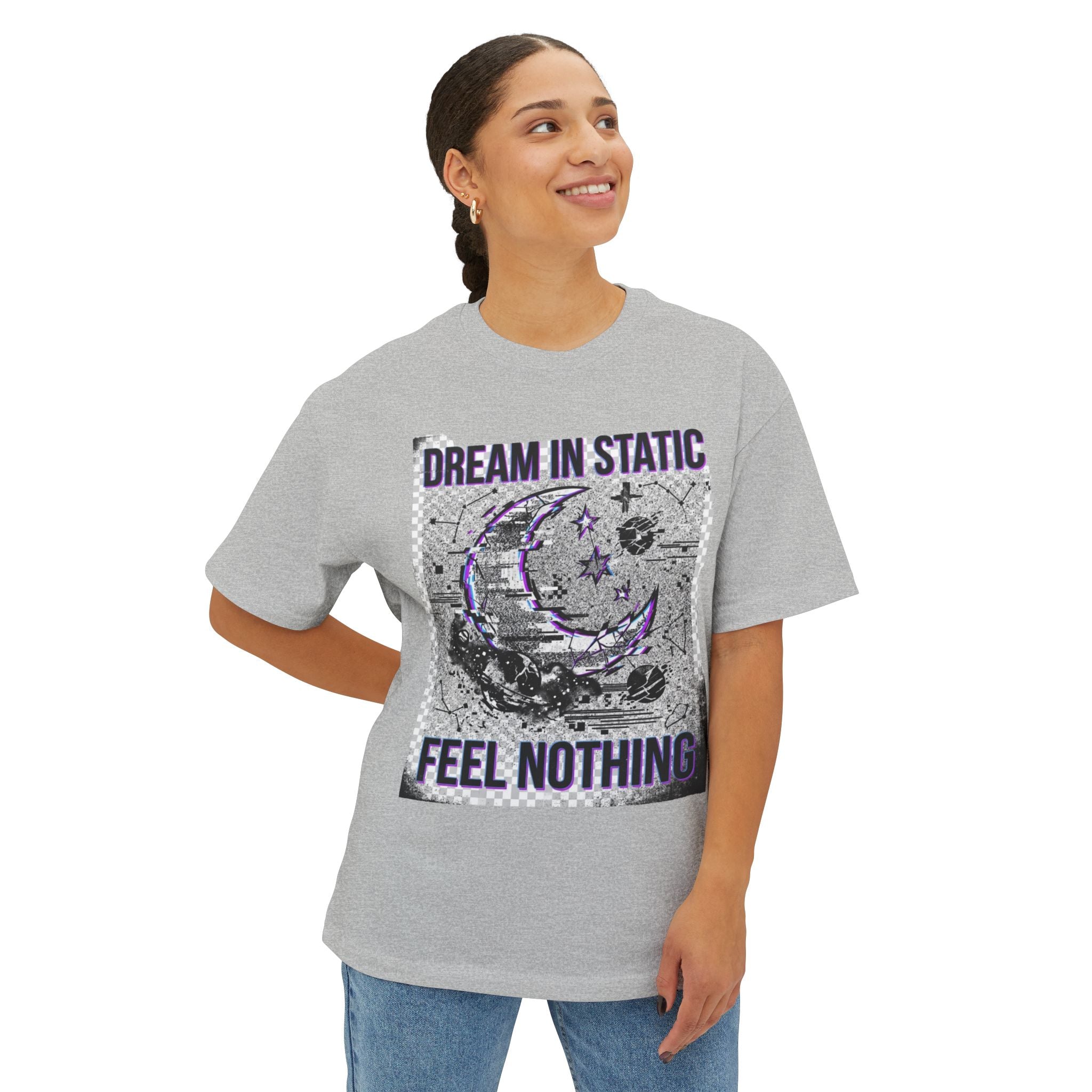Dream in Static — Dark Aesthetic Graphic Tee (Grunge Moon, "Feel Nothing")